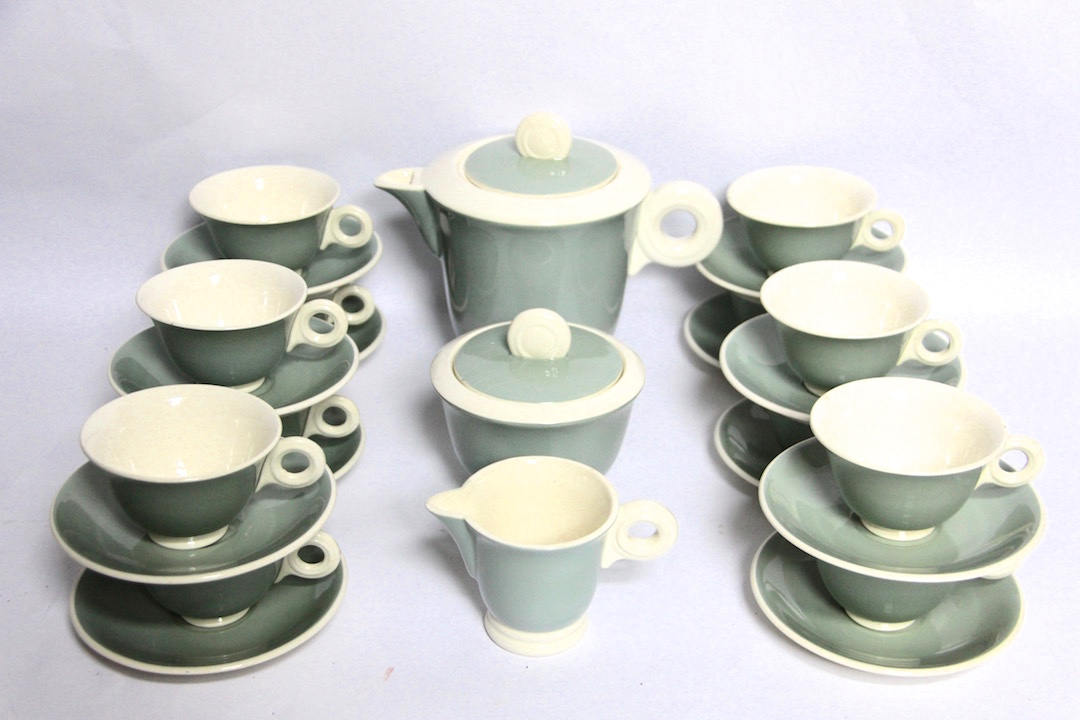 Français Art Déco Digoin Coffee Set, Tea Tasses et Soucoupes Vert