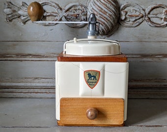 French Antique Peugeot Coffee Grinder, Coffee Mill, Cream Enamel, 1940s Burr Grinder Fully Restored, French Brocante    6184