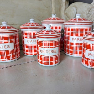 Antique Enamel Nesting Canisters Red and White Plaid Signed and numbered image 9