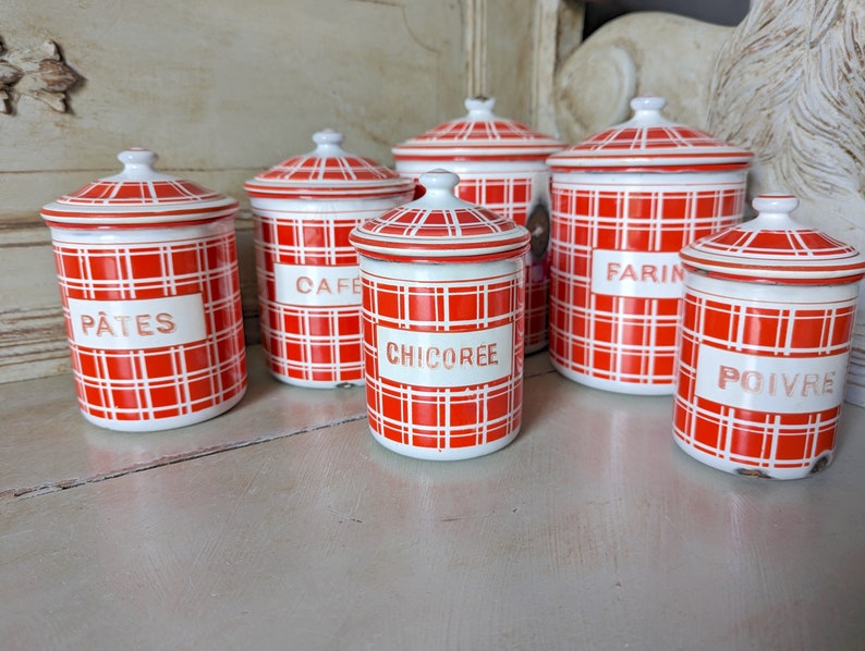 Antique Enamel Nesting Canisters Red and White Plaid Signed and numbered image 9