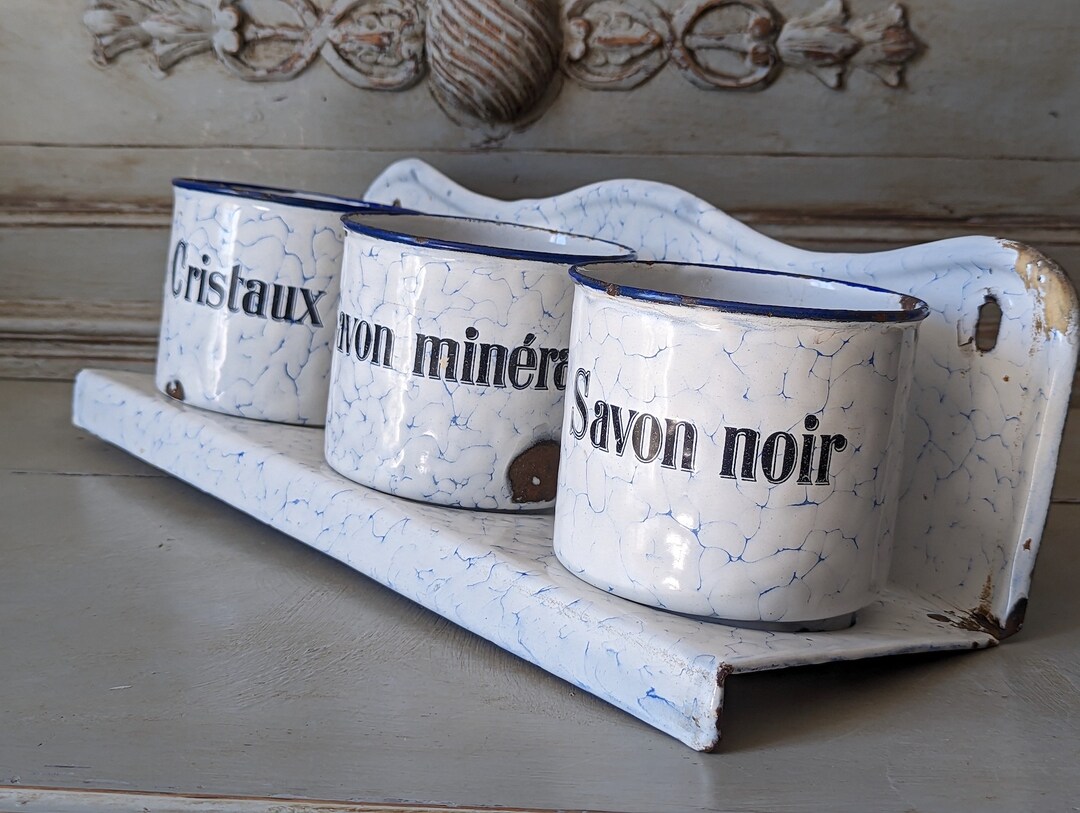 Enamel Retail Rack RARE Antique French Enamel Storage Pots, Laundry Rack, White and Blue ...