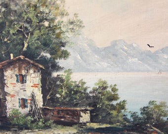 Beautiful Vintage Oil Painting Depicting a French Lake, Mountains and Landscape Scene,  Signed by Artist