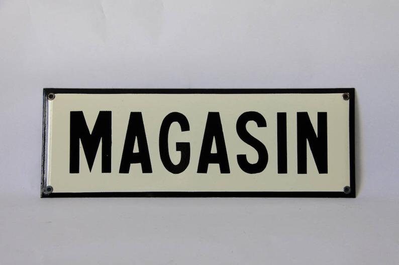 Vintage Français Émail Signe Noir et Blanc Enseigne Boutique, Décor Mural Industriel 15 4996