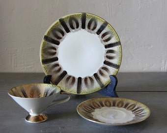 Vintage Porcelain Cup Saucer Plate with Golden Design