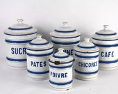 French Enamel Canisters, Set of 6 Nesting Canisters.  White and Blue Enamel  Storage Set.