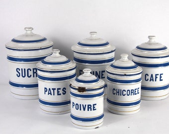 French Enamel Canisters, Set of 6 Nesting Canisters. White and Blue Enamel Storage Set.