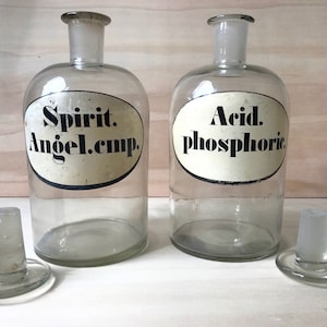 Frascos de boticario de vidrio Art Decó antiguo francés, juego de 2, vidrio soplado, tapones de vidrio originales, química, laboratorio