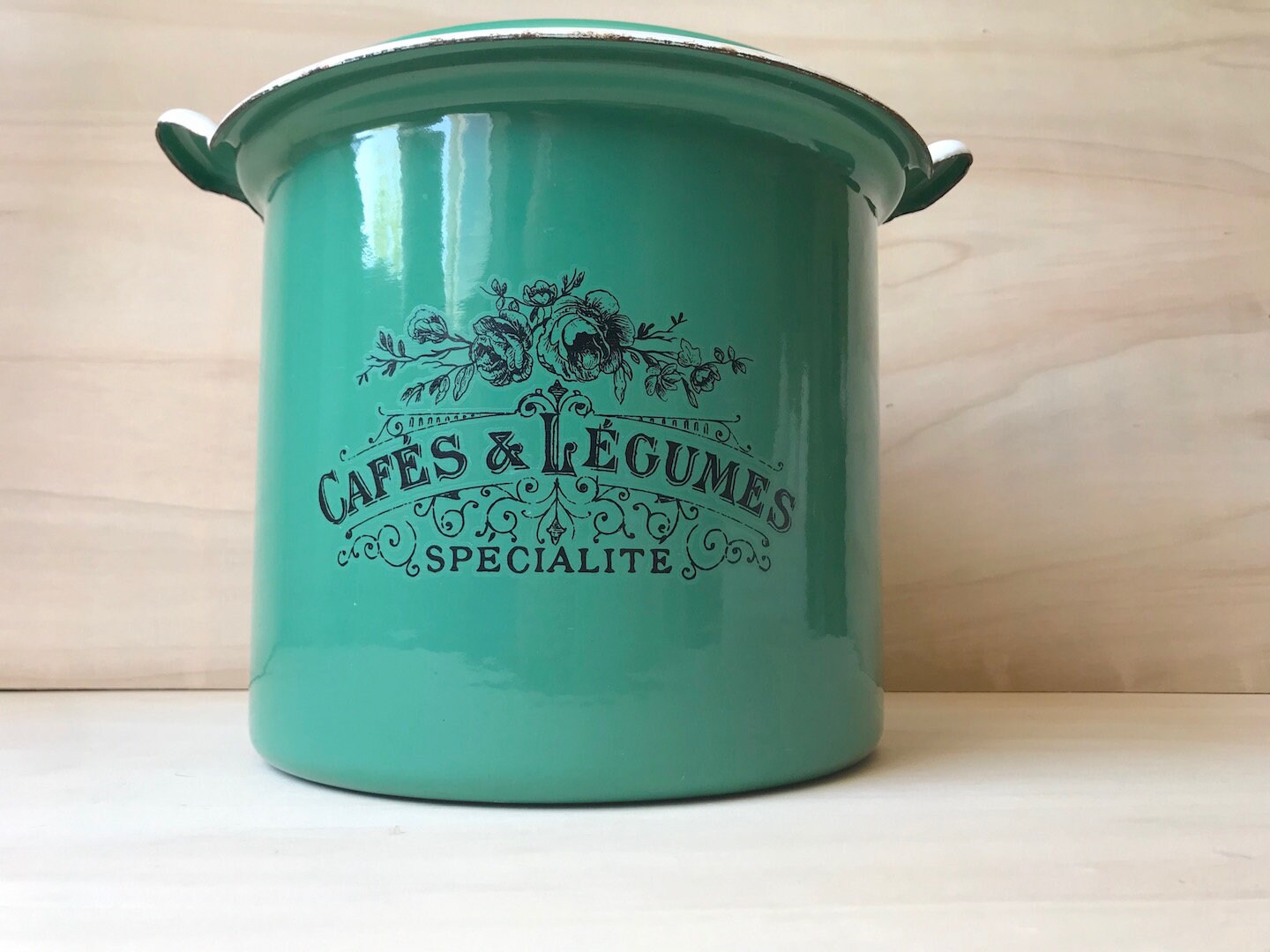 Grand Français Pot en Émail Vert Émail Des Années 1930, Transfert de Style Vintage Café et Légumes,