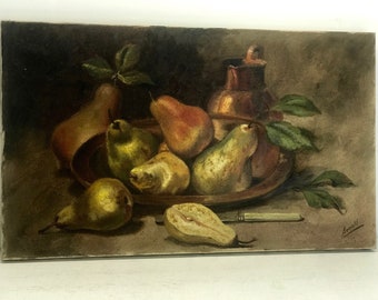 Vintage French Still Life Oil Painting Signed by Artist, Pears, Country Living, Rustic Farmhouse, Home Decor     5786