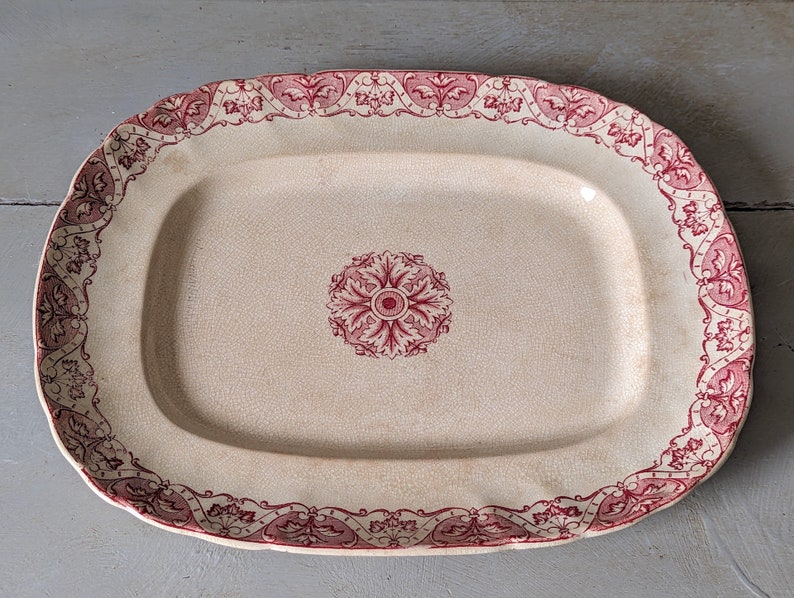 1800's Antique French Red Transferware Serving Platter, Rectangular, Ironstone Plate, Paris, Regent 6142 image 7