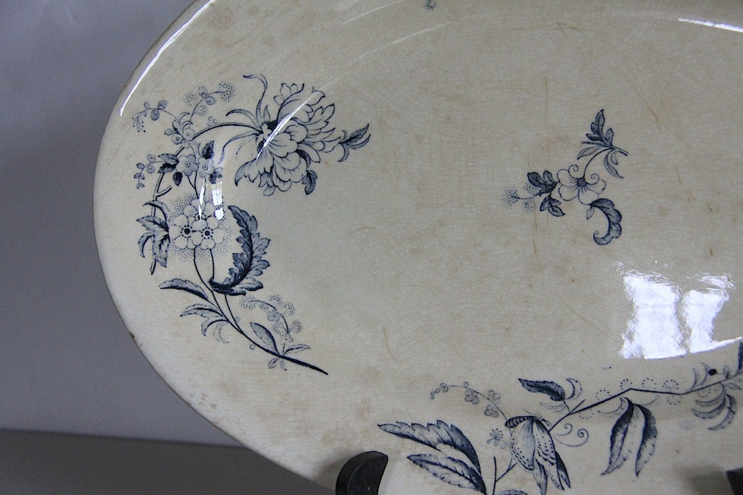 Français Antique Blue Ironstone, Transferware, Tea Stained, Serving Platter Par Le Maker Salins