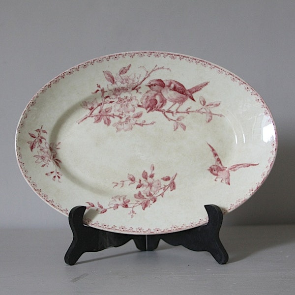 Antique French Faience Red Transferware Favori Oval Dish Sarreguemines 12"