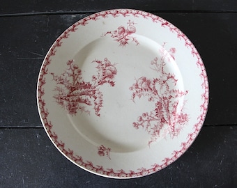 Antique French Gien Faience Plate: Red Thistle Transferware Platter