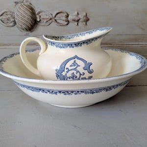 VERY RARE - French Antique 1800&#39;s Monogrammed Wash Set, Jug and Wash Bowl, Monogram C, Vieillard of Bordeaux, Chateau Chic  6258