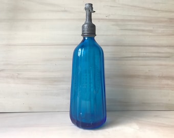 Antique Etched Glass Seltzer Bottle, Antique Blue Syphon, Barware, Home Bar, Water bottle, Soda Syphon    5830