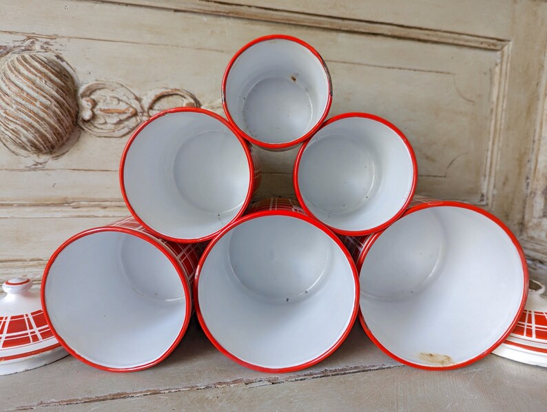 Antique Enamel Nesting Canisters Red and White Plaid Signed and numbered image 5