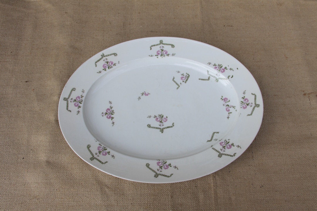 Antique Français Transferware Serving Platter Limoges, Shabby Style Roses Design, 15.75