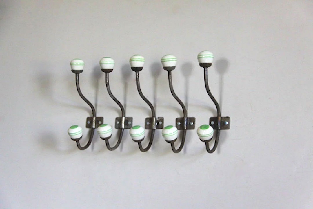 Ensemble de 5 Crochets Manteau Français Chics Shabby, Chevilles Vertes Porcelaine Porte-Chapeau