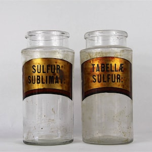 Antique French Glass Apothecary Jar, Pharmacy Bottle. Mouth blown.   SET Of 2 LARGE
