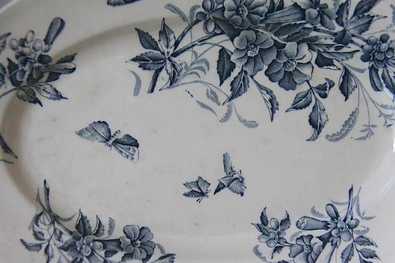 Antique French Faience Blue Transferware, Jasmine, Serving Platter 12 image 2