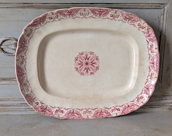 1800's Antique French Red Transferware Serving Platter, Rectangular, Ironstone Plate, Paris, Regent   6142