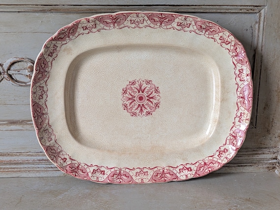 1800's Antique French Red Transferware Serving Platter, Rectangular, Ironstone Plate, Paris, Regent   6142