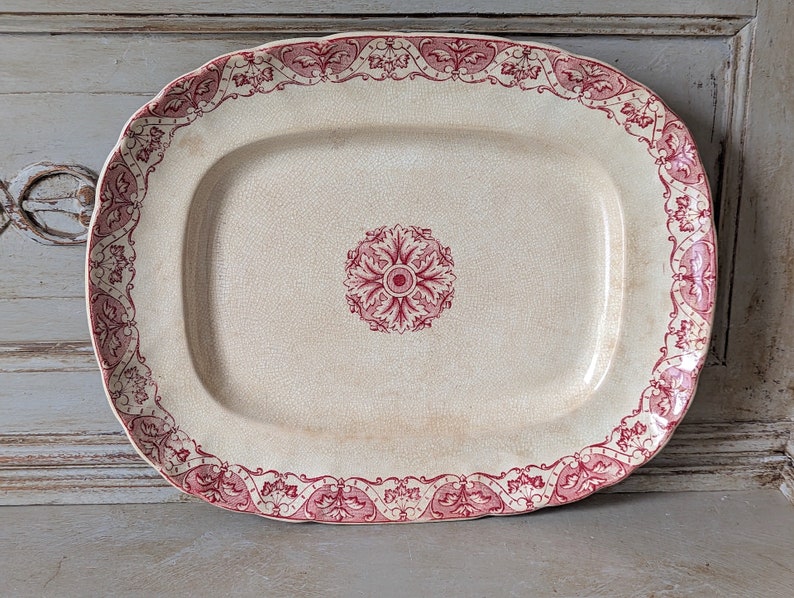 1800's Antique French Red Transferware Serving Platter, Rectangular, Ironstone Plate, Paris, Regent 6142 image 1