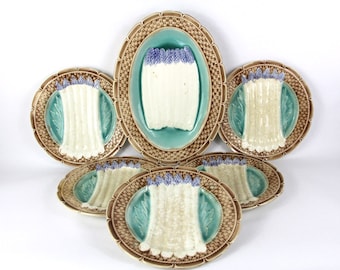 Antique French Majolica Asparagus Service with 5 Asparagus Plates and a Server.  Orchies Barbotine