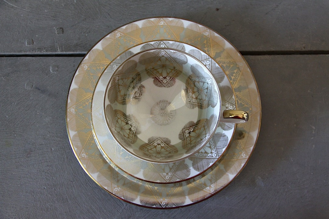Tasse en Porcelaine Vintage, Soucoupe et Assiette avec Design Vert Or, Ensemble de Petit-Déjeuner, V
