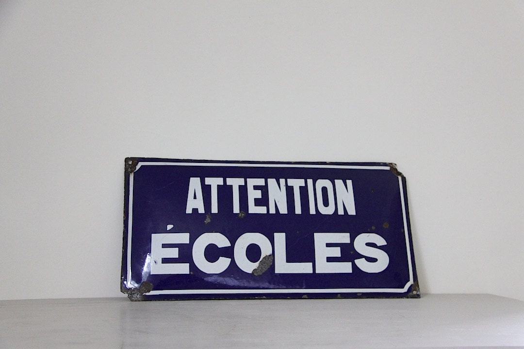 Grande Enseigne en Émail Français Antique, Porcelaine de Collection, Scolaire Des Années 1920, Broca