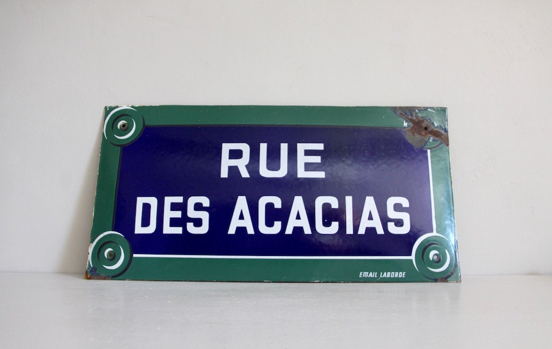Français Enseigne de Rue Antique en Émail, Porcelaine, Rue Des Acacias, Parisienne