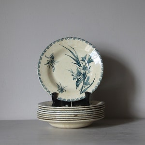 Antique French Faience Transferware Bowl Tea Stained Gien Glaieul, With Teal Blue Colored Gladioli
