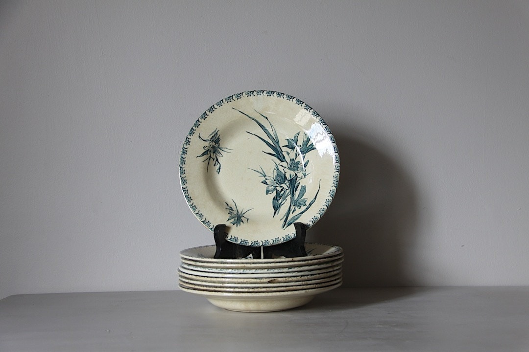 Antique French Faience Transferware Bowl Tea Stained Gien Glaieul, With Teal Blue Colored Gladioli