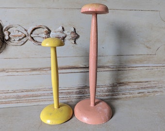 Pair of Vintage French Hat Display Stands, Milliner, Wooden Hat Holders, Wig Holder, Yellow and Pink, French Brocante  6172