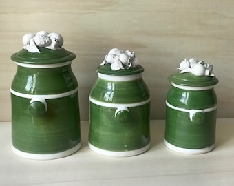 Vintage Italian Kitchen Canisters, Set of 3, Green and White Storage Pots, Shabby Chic, Ceramic Canisters   5812