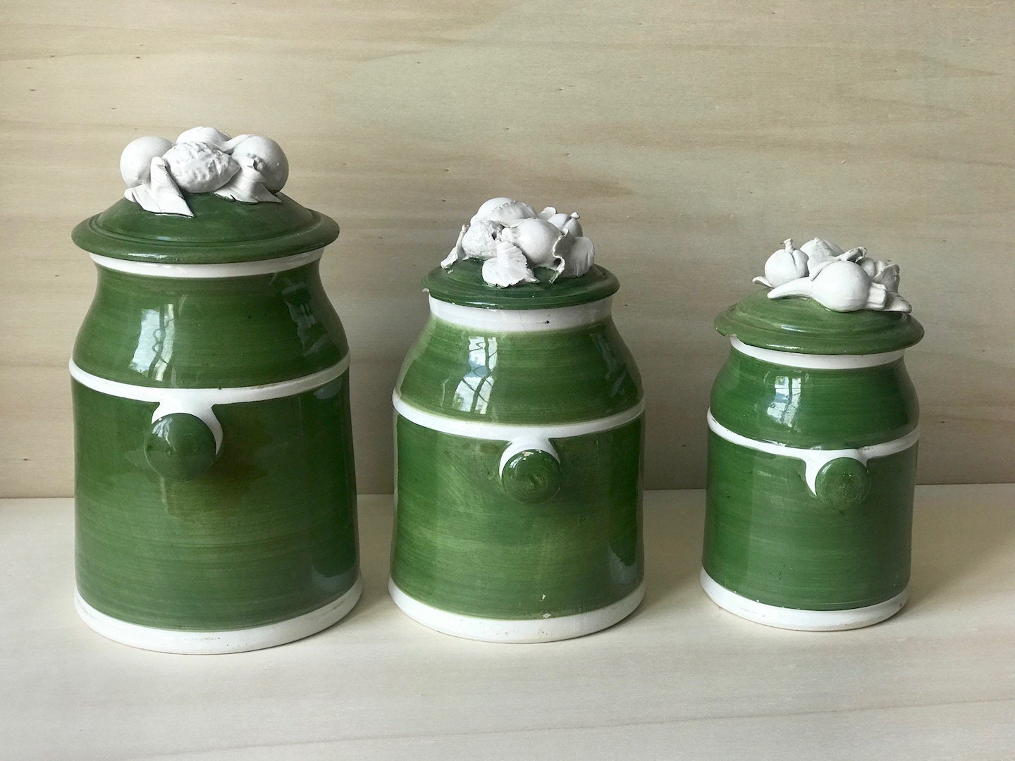 Boîtes de Cuisine Italiennes Vintage, Ensemble 3 Pots Stockage Verts et Blancs, Chic Minable, Boîtes