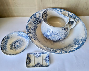 Antique French Ironstone Wash Set, Jardiniere Pitcher / Jug and Wash Bowl with soap dish and Sponge bowl, Transferware, Sarreguemines