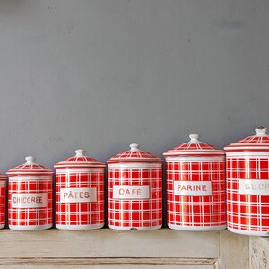 Antique Enamel Nesting Canisters Red and White Plaid Signed and numbered image 2