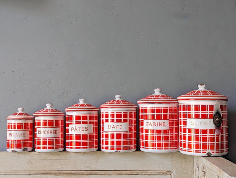 Antique Enamel Nesting Canisters Red and White Plaid Signed and numbered image 2