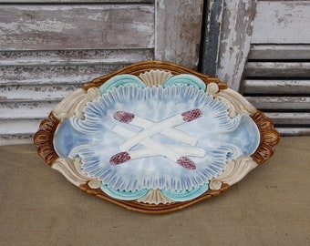 Antique French Asparagus Serving Platter.  Majolica Barbotine Plate by Orchies circa 19th Century