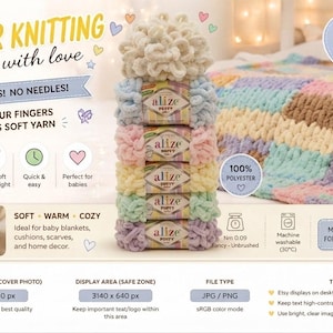 May include: A stack of five skeins of Alize Puffy yarn in pastel colors, topped with a white yarn ball. The image includes text: FINGER KNITTING, NO HOOKS! NO NEEDLES!, 100% POLYESTER, and machine washable (30°C). A pastel checkered blanket is visible.