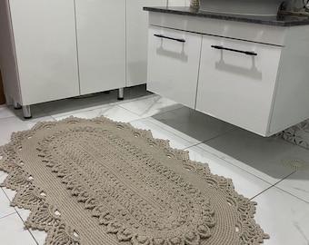 Handmade Beige Crochet Rug – Oval Cotton Boho Bathroom Mat - Personalized Knitted Rug - Custom Woven Rug