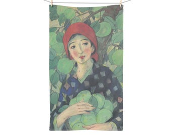 Toalla de mano Mujer con manzanas | Toalla de cocina de arte vintage