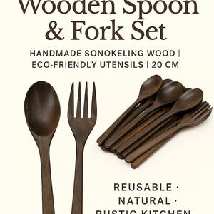 May include: A set of 24 wooden spoons and forks made from handmade sonokeling wood. The dark brown utensils are 20 cm long and are labeled as reusable, natural, and perfect for a rustic kitchen. The text on the image reads "24 Pcs Wooden Spoon & Fork Set".