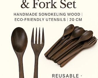 Handmade Wooden Spoon and Fork Set – Rustic Sonokeling Wood Cutlery, Eco-Friendly Utensils Bundle
