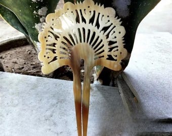 Horquilla de cuerno de búfalo / Horquilla indonesia hecha a mano, brillo natural, diseño de abanico y flores