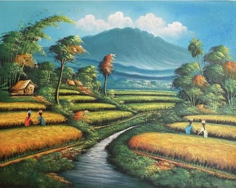 バリの絵画　ウブド　田園風景　油絵 バリ島の棚田の油絵 - ウブドの風景画 - Etsy 日本