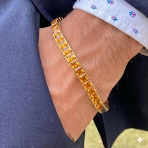Men's Citrine Tennis Bracelet, Sterling Silver, Square Gemstone Jewelry, January Birthstone