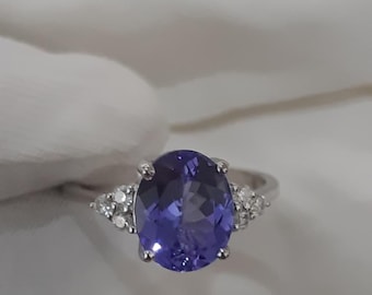 AAAA Tanzanite with Moissanite Engagement Ring Platinum Plated Sterling Silver,