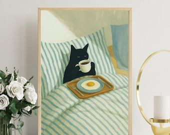Black Cat Morning Coffee Print – Cosy Bedroom Wall Art Cat Lover Gift Breakfast in Bed Illustration Cute Cat Art Print Printable Wall Art